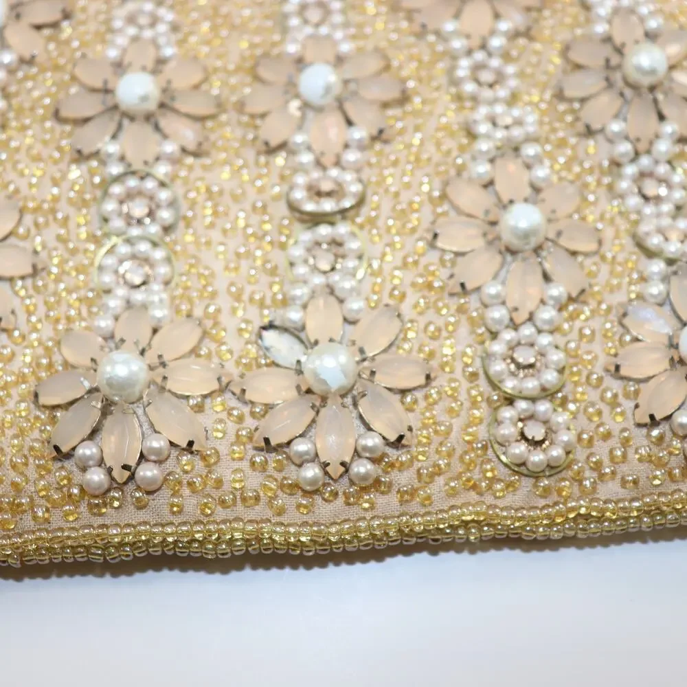 Vintage Beaded Floral Clutch w/ Pearls &‎ Gems – Gold Satin Lining